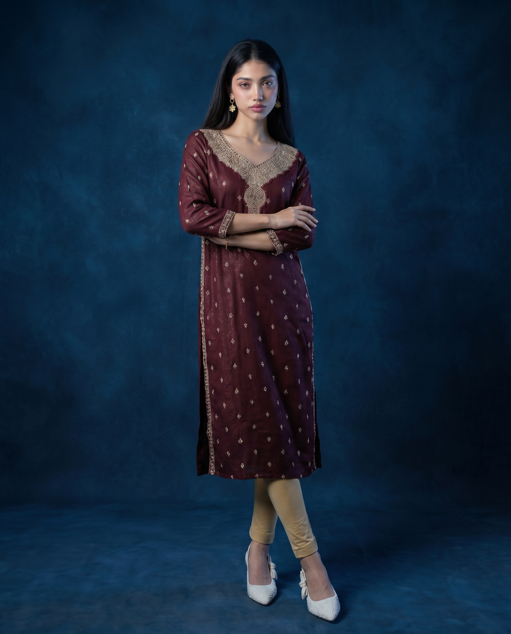 Brown Embroidered Silk Blended 3/4 Sleeves Straight Cut Long Kurta