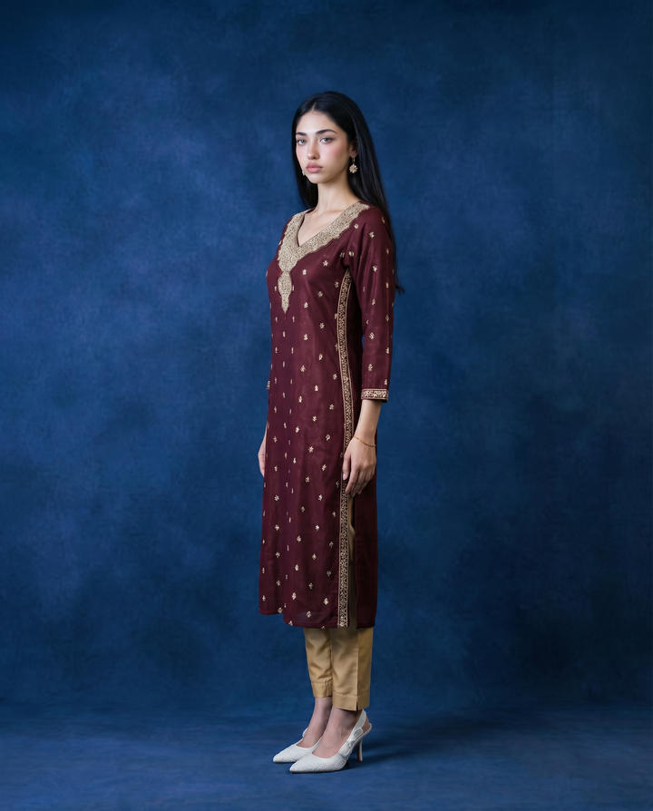 Brown Embroidered Silk Blended 3/4 Sleeves Straight Cut Long Kurta