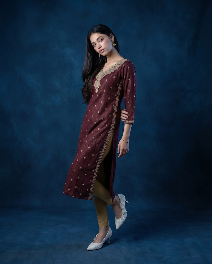 Brown Embroidered Silk Blended 3/4 Sleeves Straight Cut Long Kurta