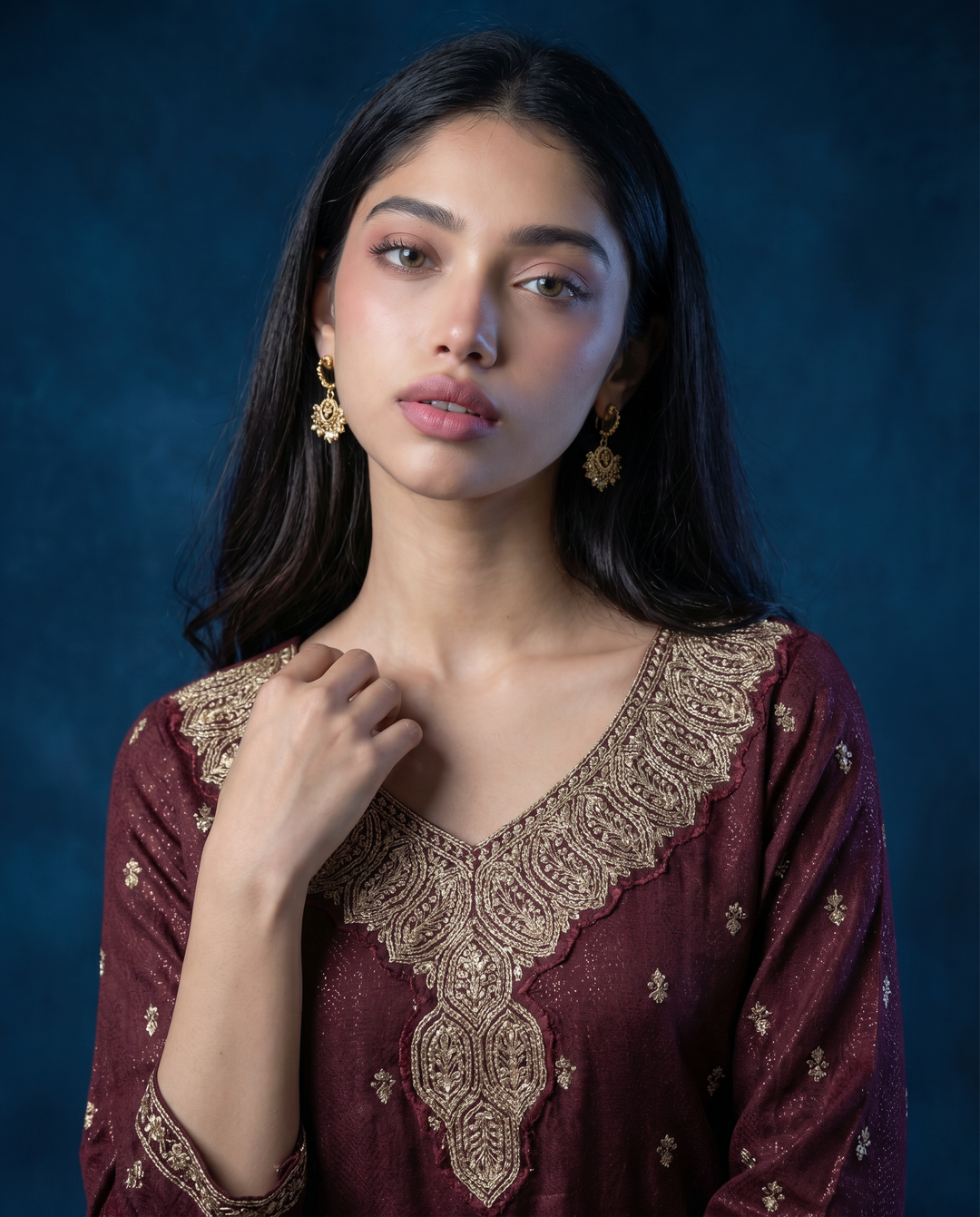 Brown Embroidered Silk Blended 3/4 Sleeves Straight Cut Long Kurta
