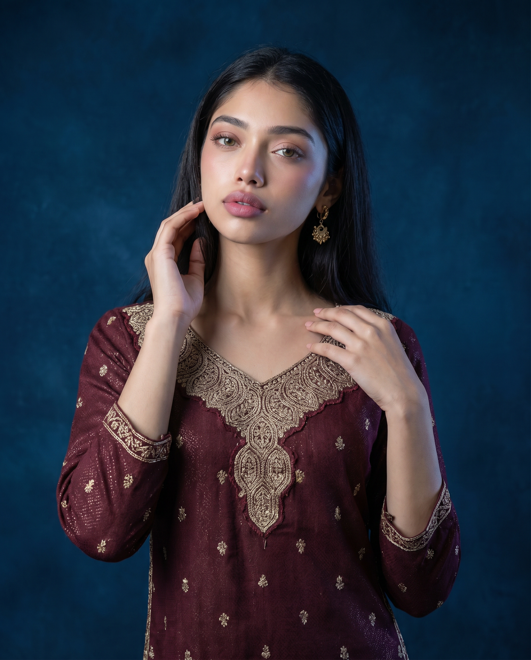 Brown Embroidered Silk Blended 3/4 Sleeves Straight Cut Long Kurta