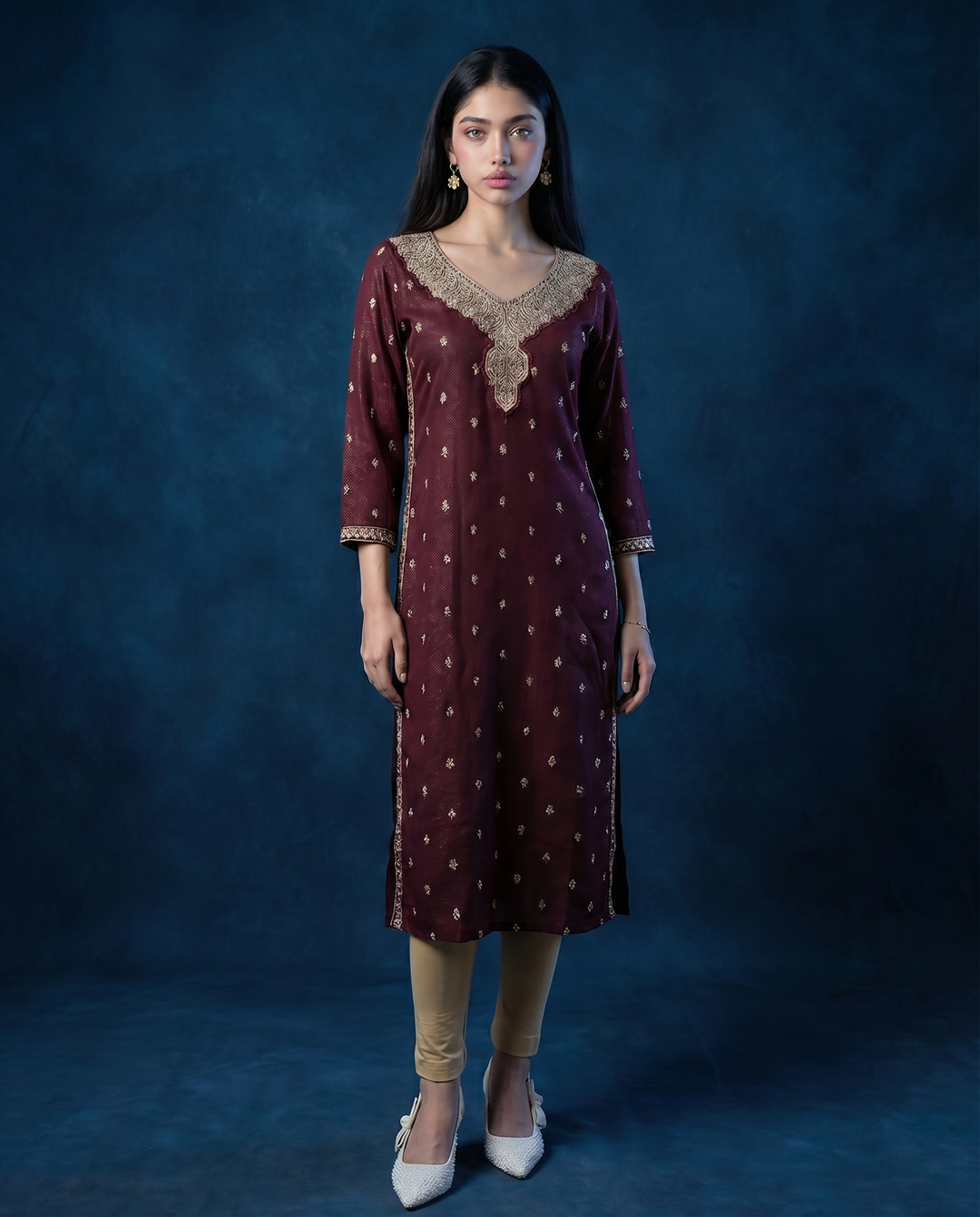 Brown Embroidered Silk Blended 3/4 Sleeves Straight Cut Long Kurta