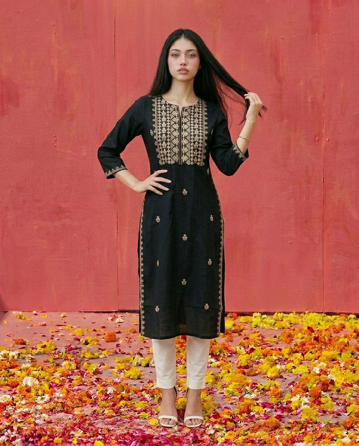 Black Embroidered Viscose Blended 3/4 Sleeves Straight Cut Long Kurta