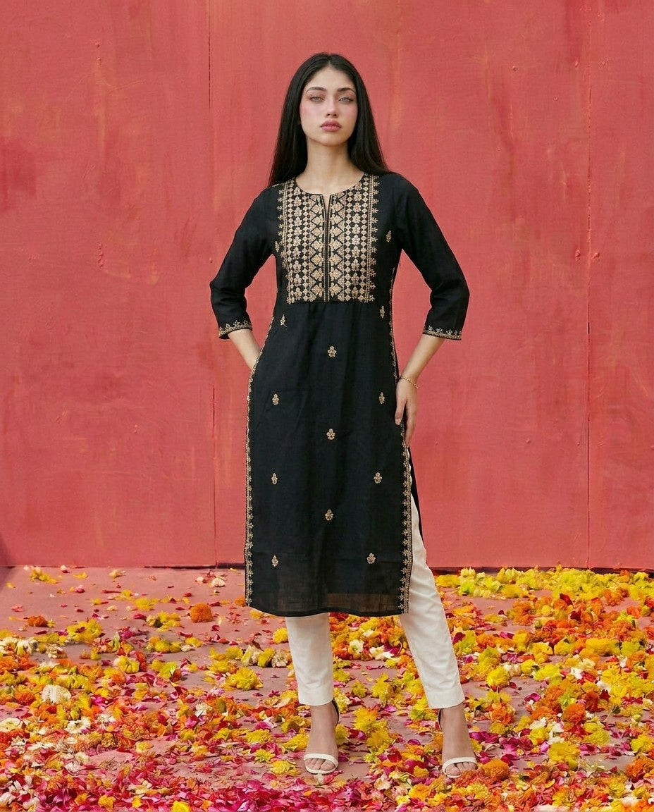 Black Embroidered Viscose Blended 3/4 Sleeves Straight Cut Long Kurta