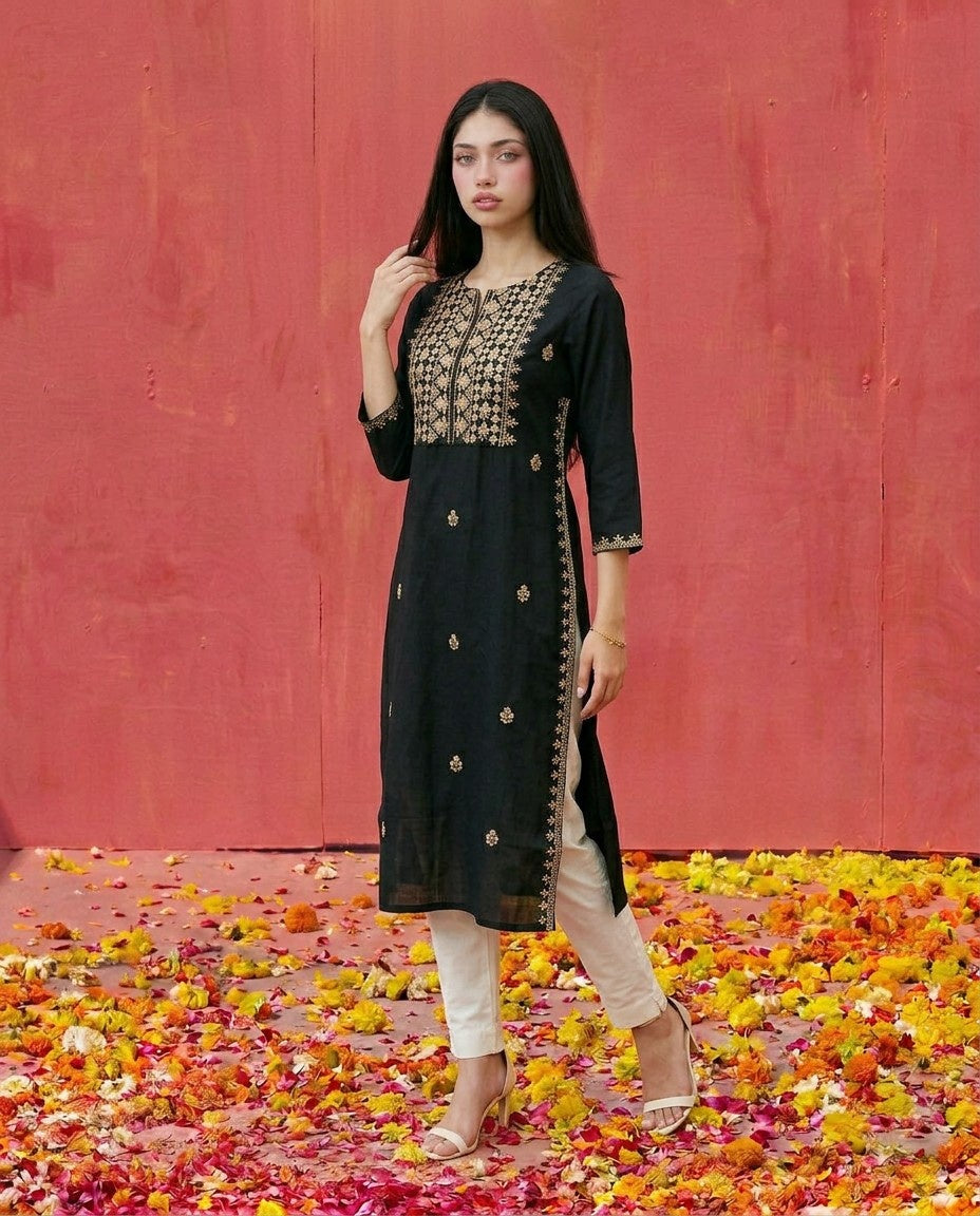Black Embroidered Viscose Blended 3/4 Sleeves Straight Cut Long Kurta