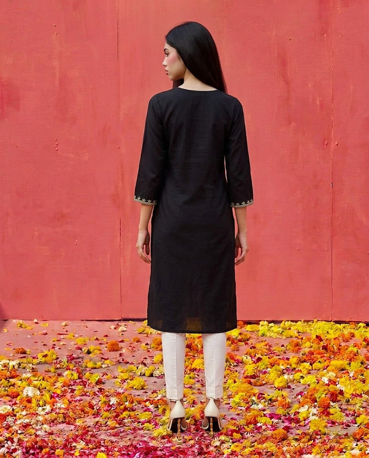 Black Embroidered Viscose Blended 3/4 Sleeves Straight Cut Long Kurta