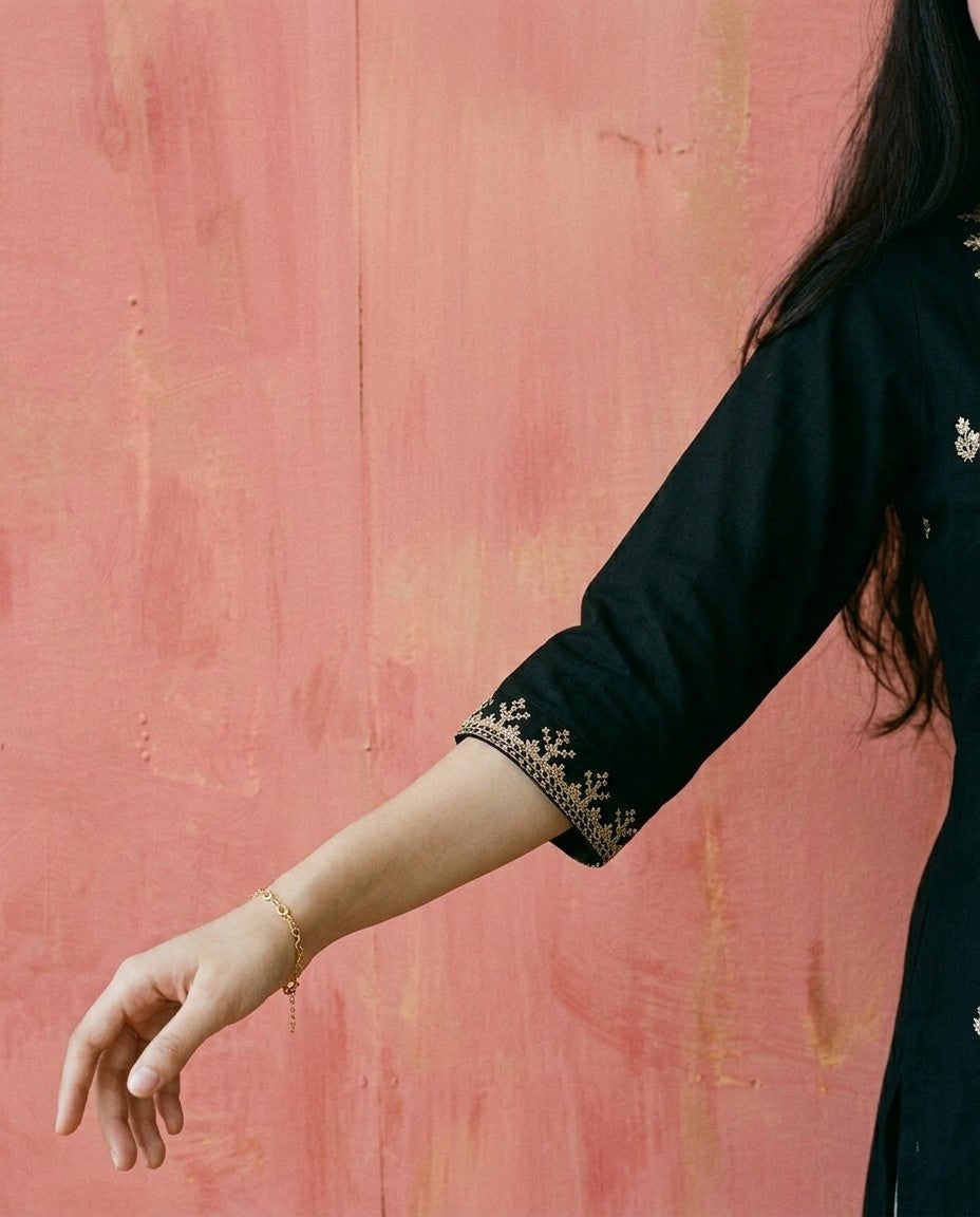 Black Embroidered Viscose Blended 3/4 Sleeves Straight Cut Long Kurta