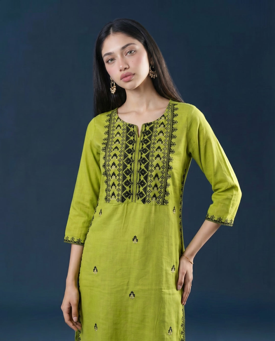 Green Embroidered Viscose Blended 3/4 Sleeves Straight Cut Long Kurta