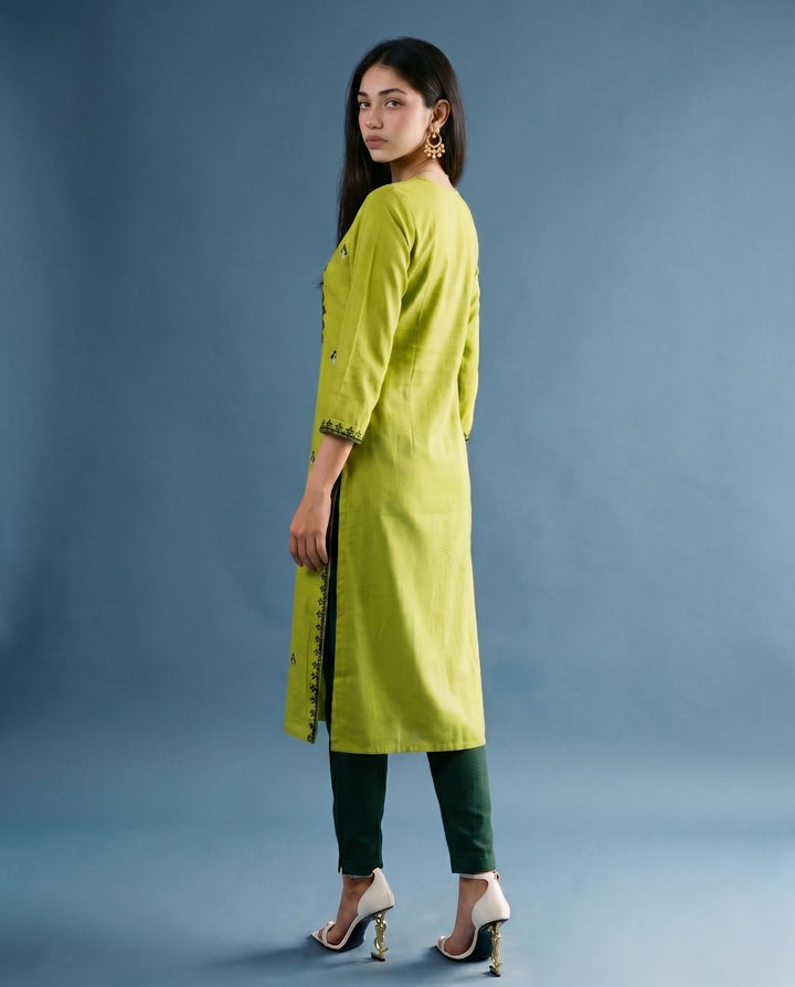 Green Embroidered Viscose Blended 3/4 Sleeves Straight Cut Long Kurta