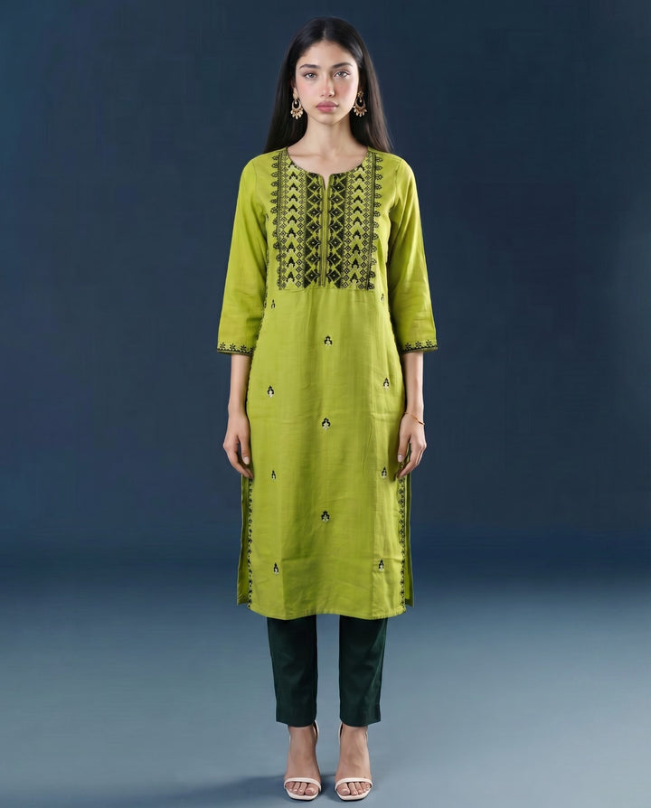 Green Embroidered Viscose Blended 3/4 Sleeves Straight Cut Long Kurta