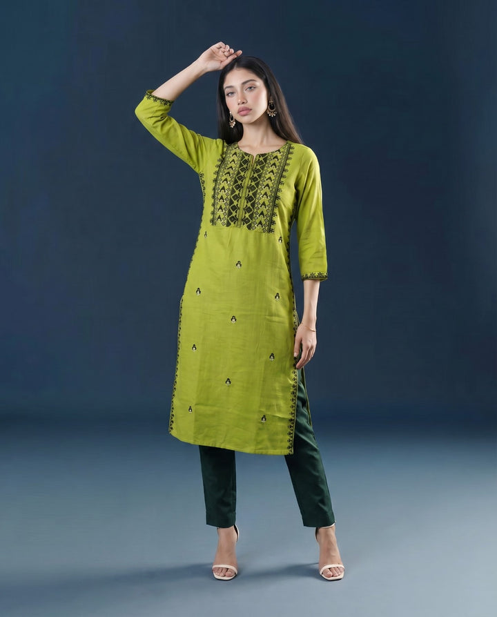 Green Embroidered Viscose Blended 3/4 Sleeves Straight Cut Long Kurta