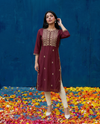 Maroon Embroidered Viscose Blended 3/4 Sleeves Straight Cut Long Kurta