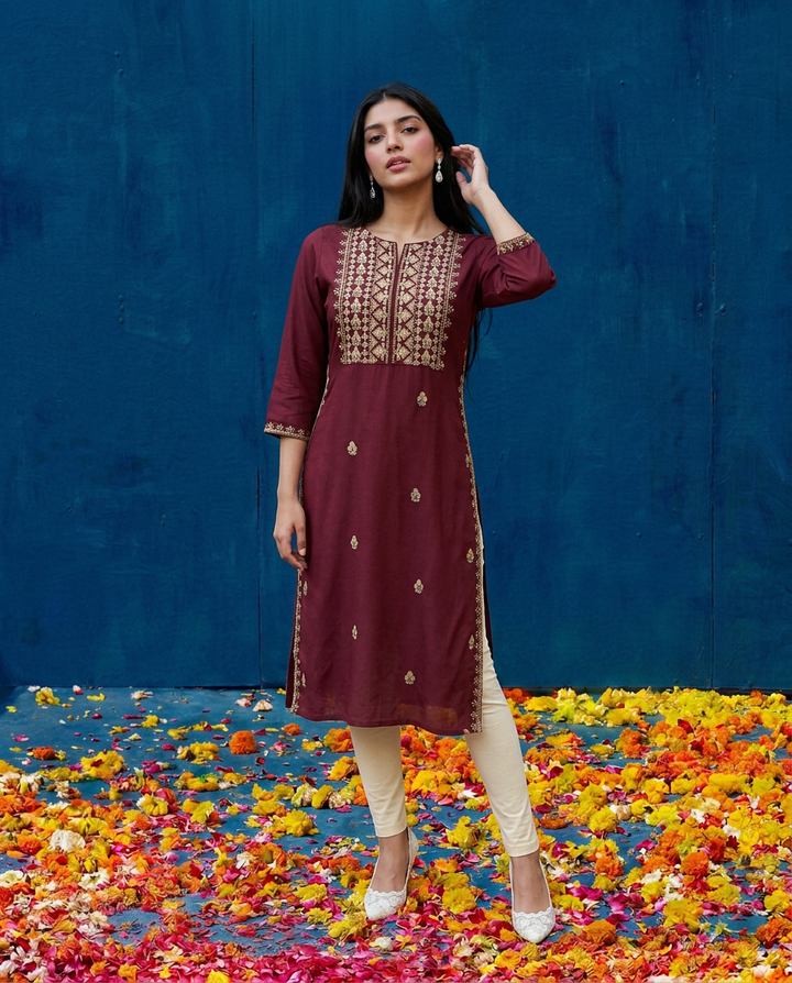 Maroon Embroidered Viscose Blended 3/4 Sleeves Straight Cut Long Kurta