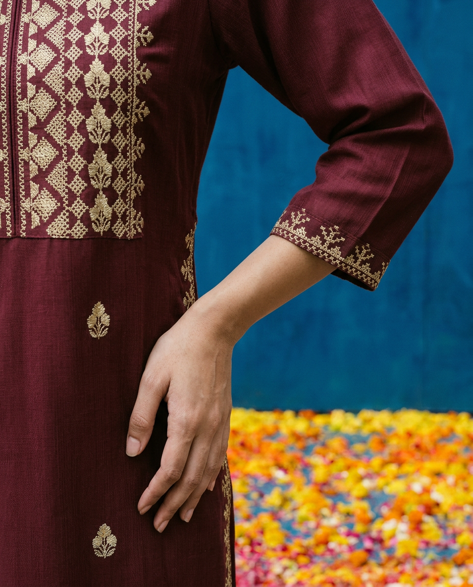 Maroon Embroidered Viscose Blended 3/4 Sleeves Straight Cut Long Kurta