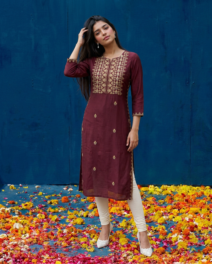 Maroon Embroidered Viscose Blended 3/4 Sleeves Straight Cut Long Kurta