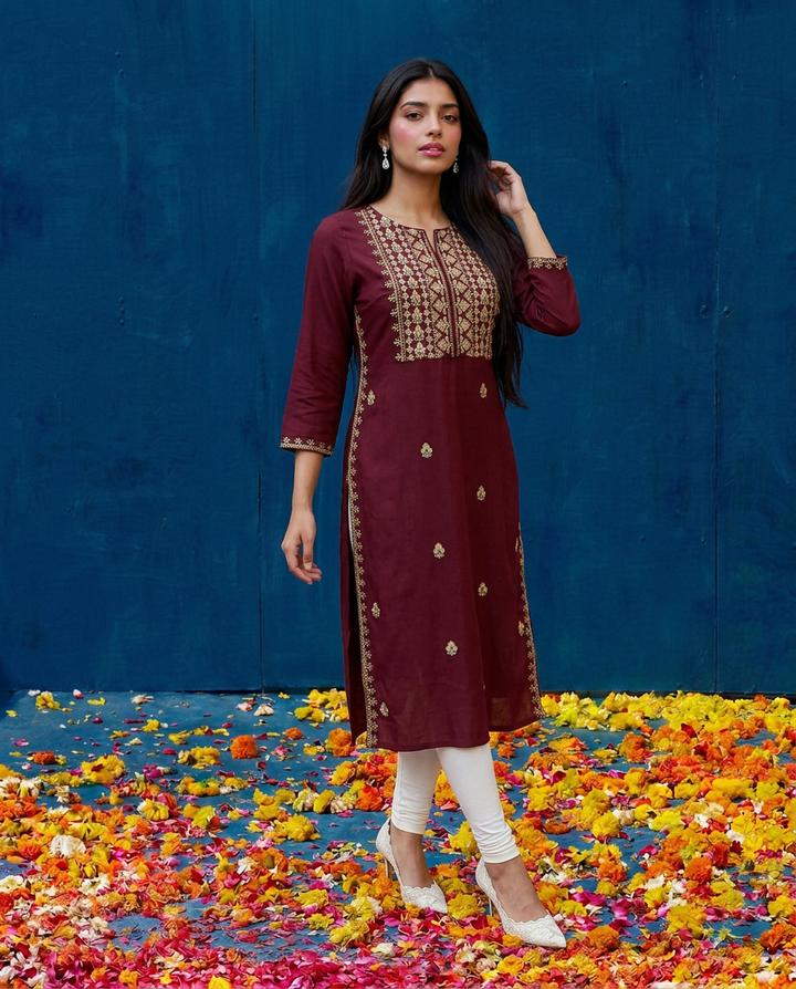 Maroon Embroidered Viscose Blended 3/4 Sleeves Straight Cut Long Kurta