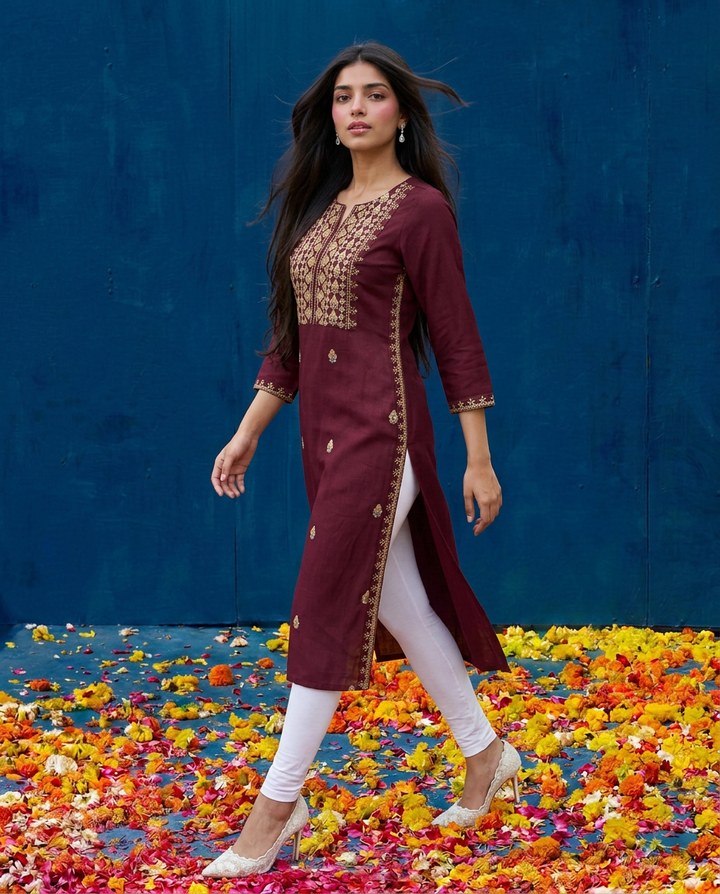 Maroon Embroidered Viscose Blended 3/4 Sleeves Straight Cut Long Kurta