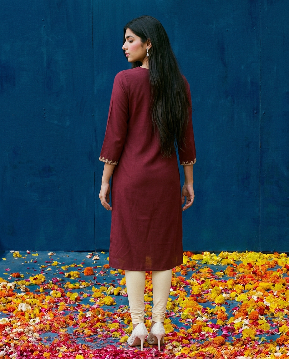 Maroon Embroidered Viscose Blended 3/4 Sleeves Straight Cut Long Kurta