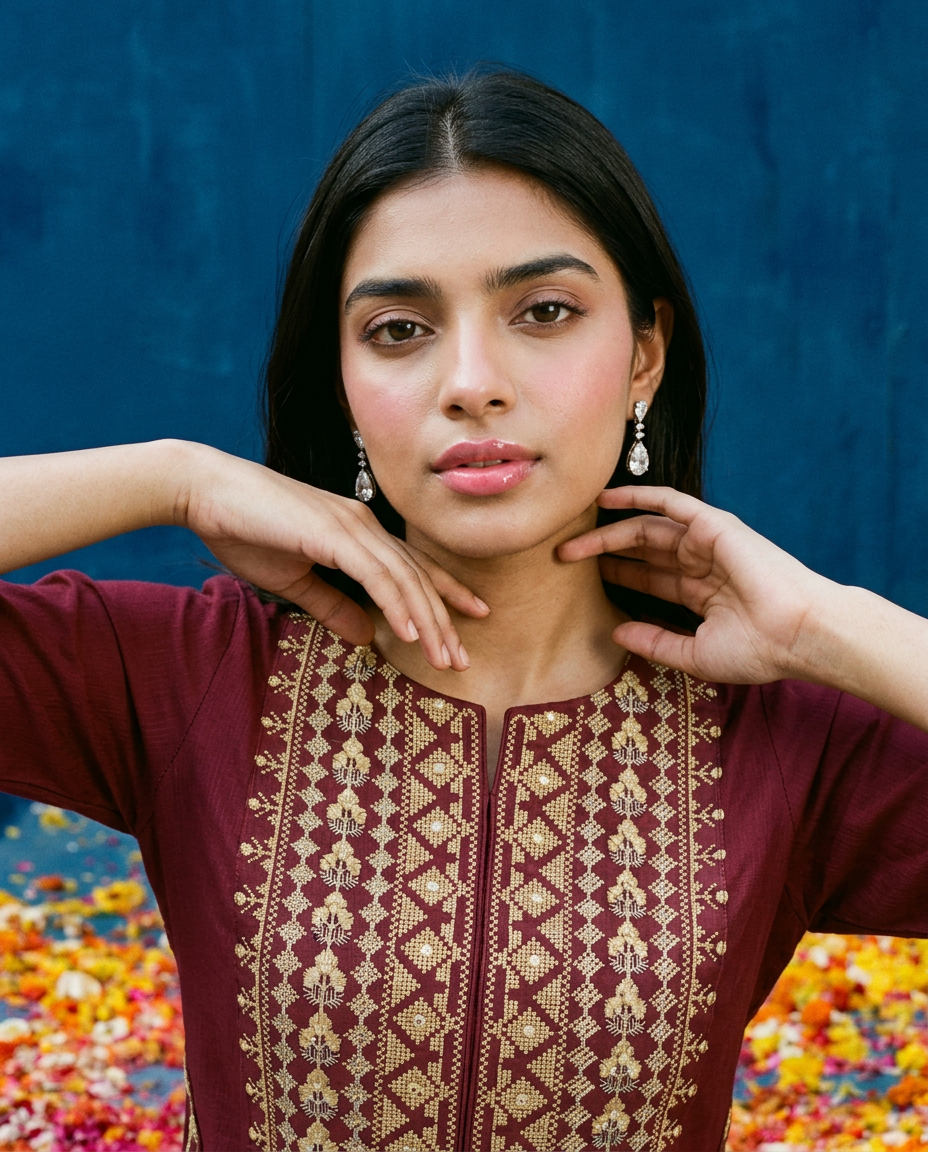 Maroon Embroidered Viscose Blended 3/4 Sleeves Straight Cut Long Kurta