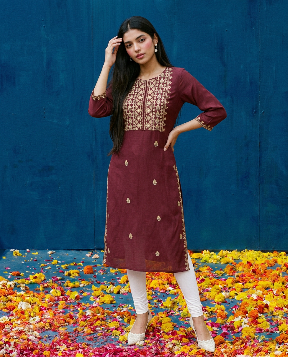 Maroon Embroidered Viscose Blended 3/4 Sleeves Straight Cut Long Kurta