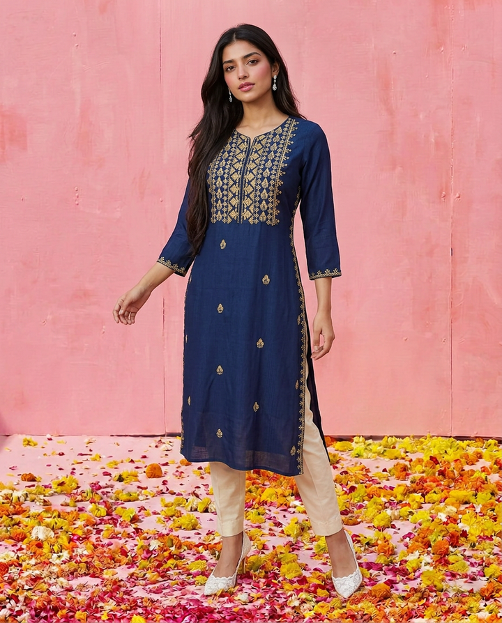 Navy Embroidered Viscose Blended 3/4 Sleeves Straight Cut Long Kurta