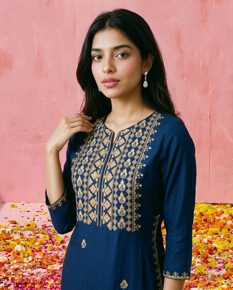 Navy Embroidered Viscose Blended 3/4 Sleeves Straight Cut Long Kurta