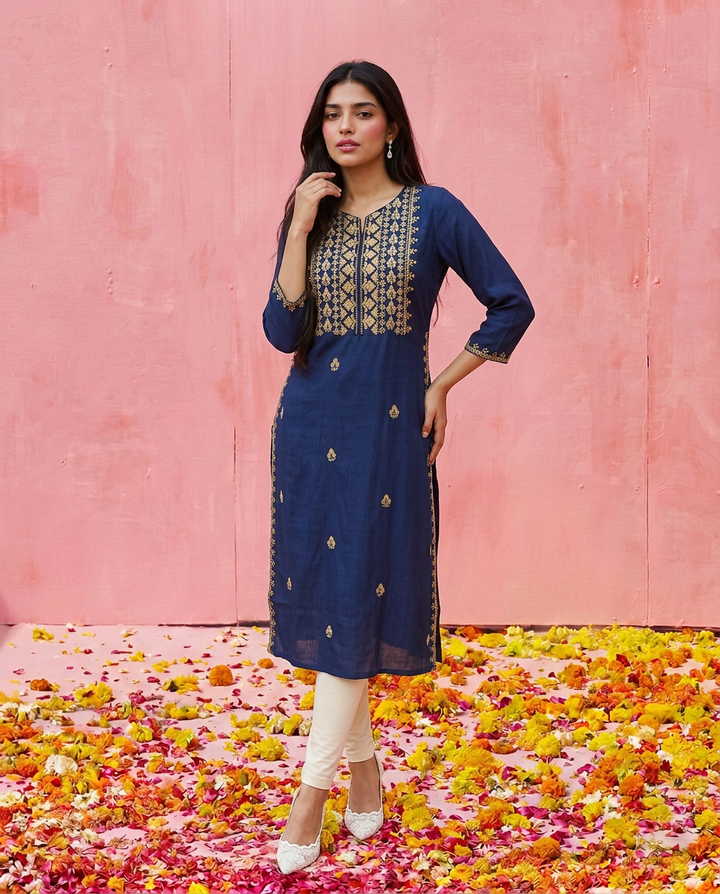 Navy Embroidered Viscose Blended 3/4 Sleeves Straight Cut Long Kurta