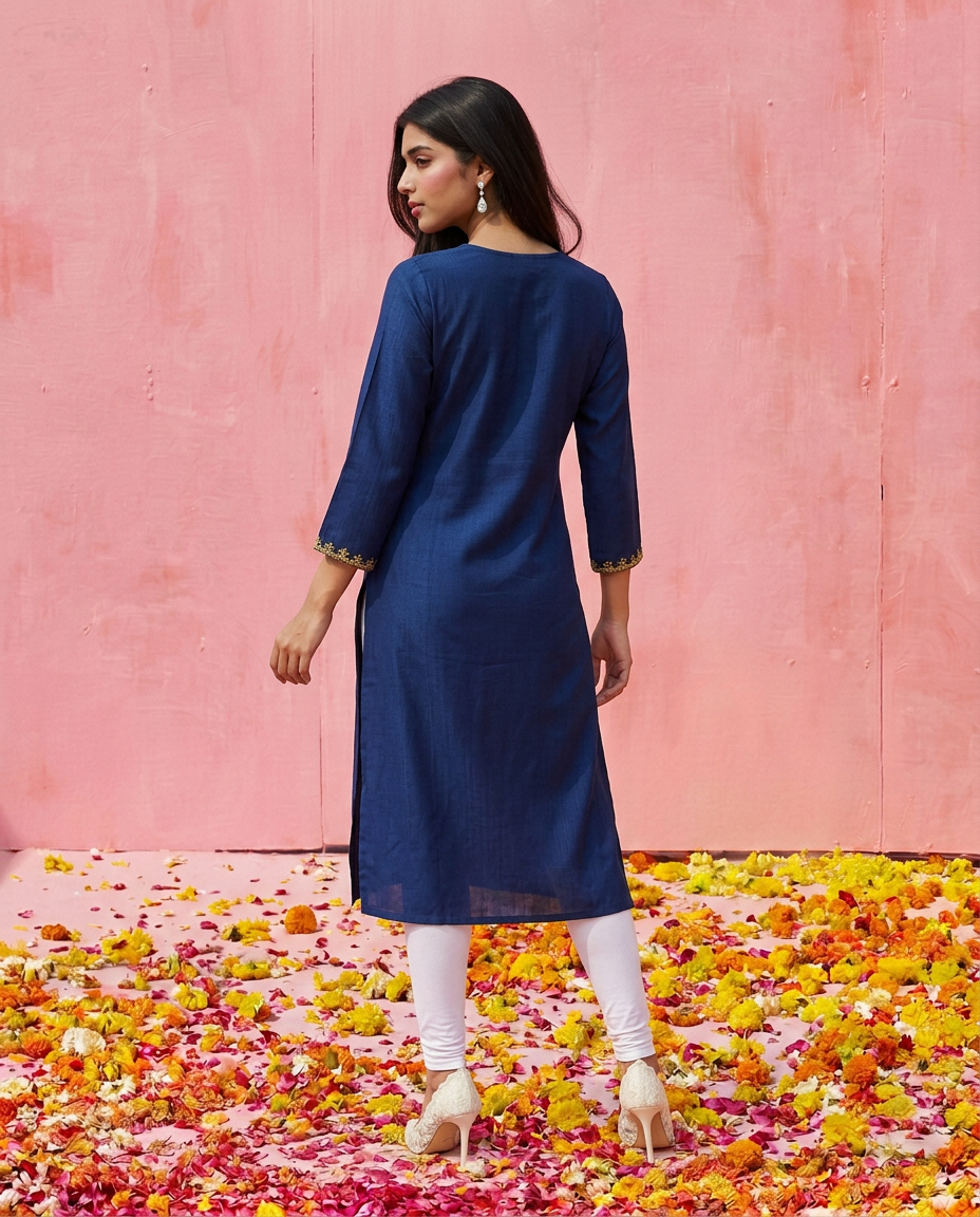 Navy Embroidered Viscose Blended 3/4 Sleeves Straight Cut Long Kurta