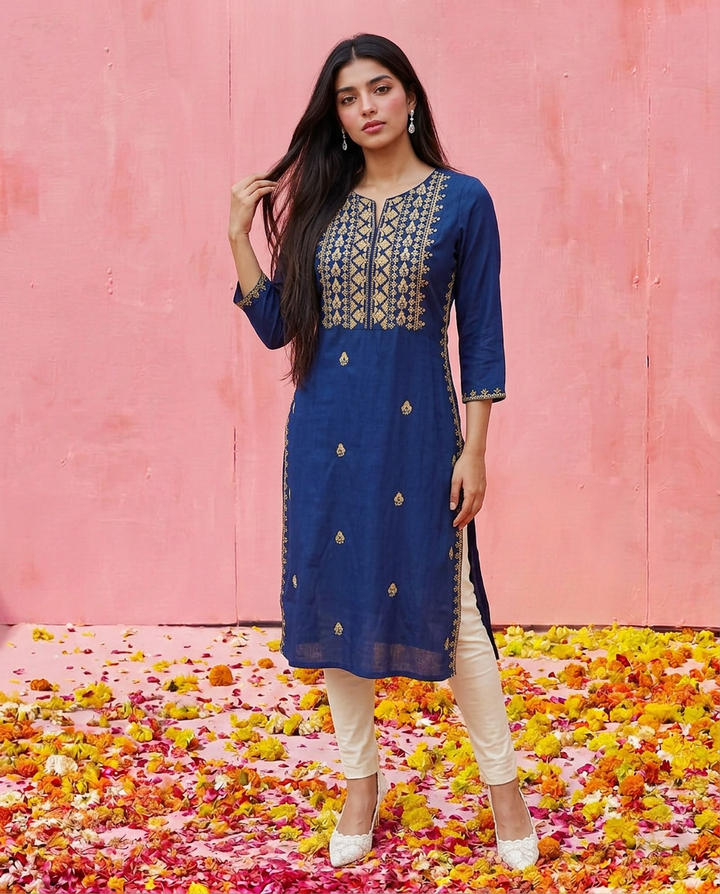 Navy Embroidered Viscose Blended 3/4 Sleeves Straight Cut Long Kurta