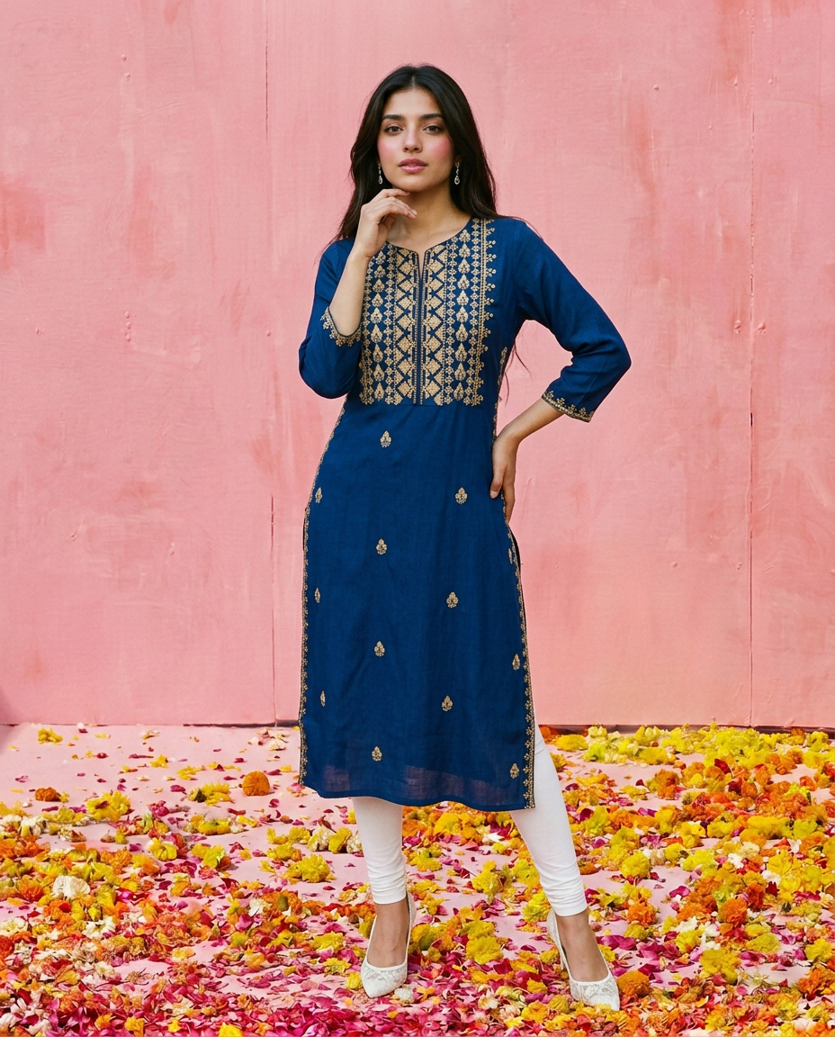 Navy Embroidered Viscose Blended 3/4 Sleeves Straight Cut Long Kurta