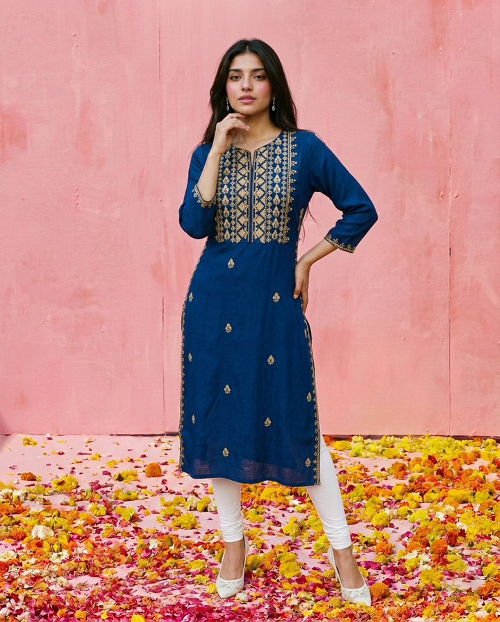 Navy Embroidered Viscose Blended 3/4 Sleeves Straight Cut Long Kurta