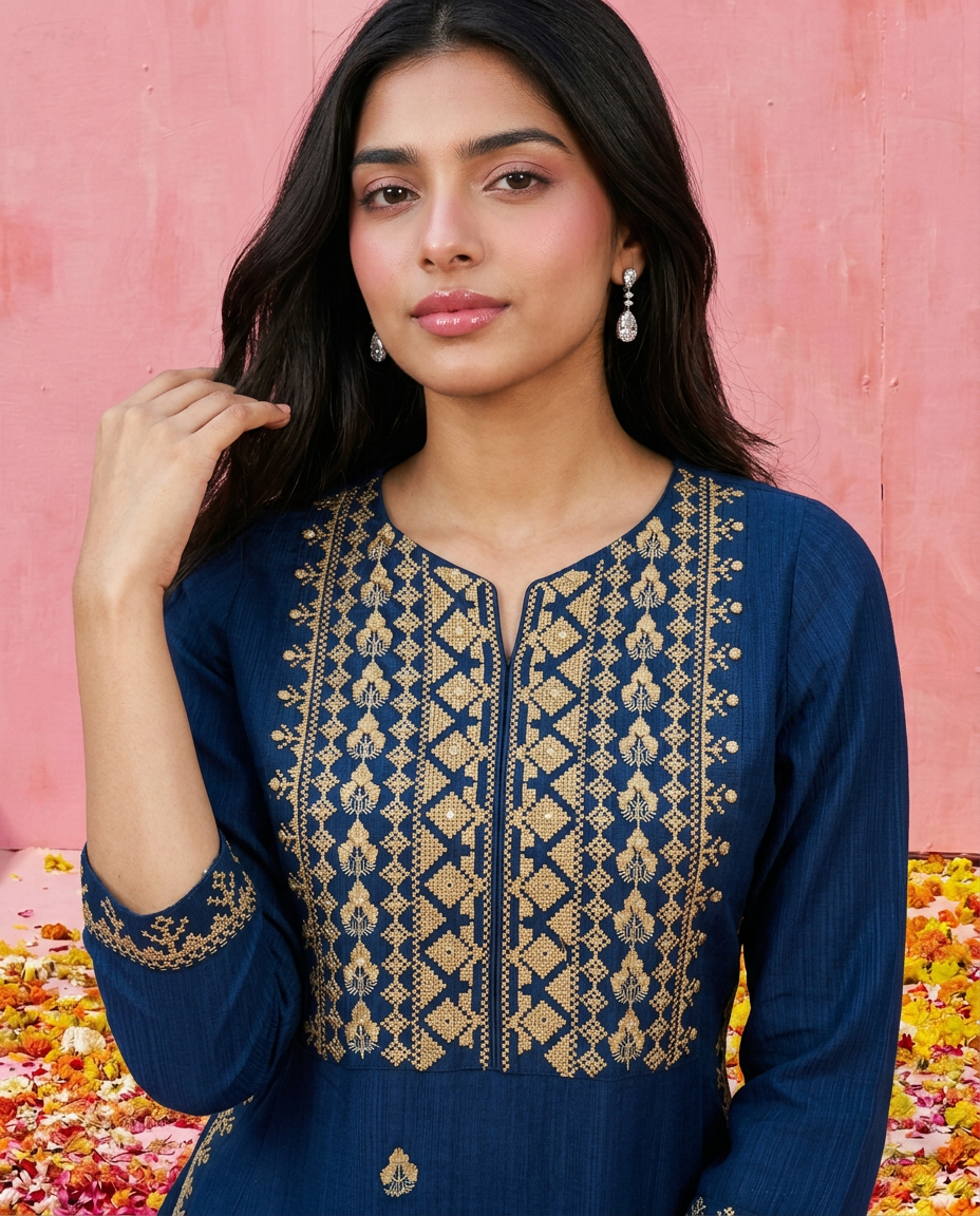 Navy Embroidered Viscose Blended 3/4 Sleeves Straight Cut Long Kurta