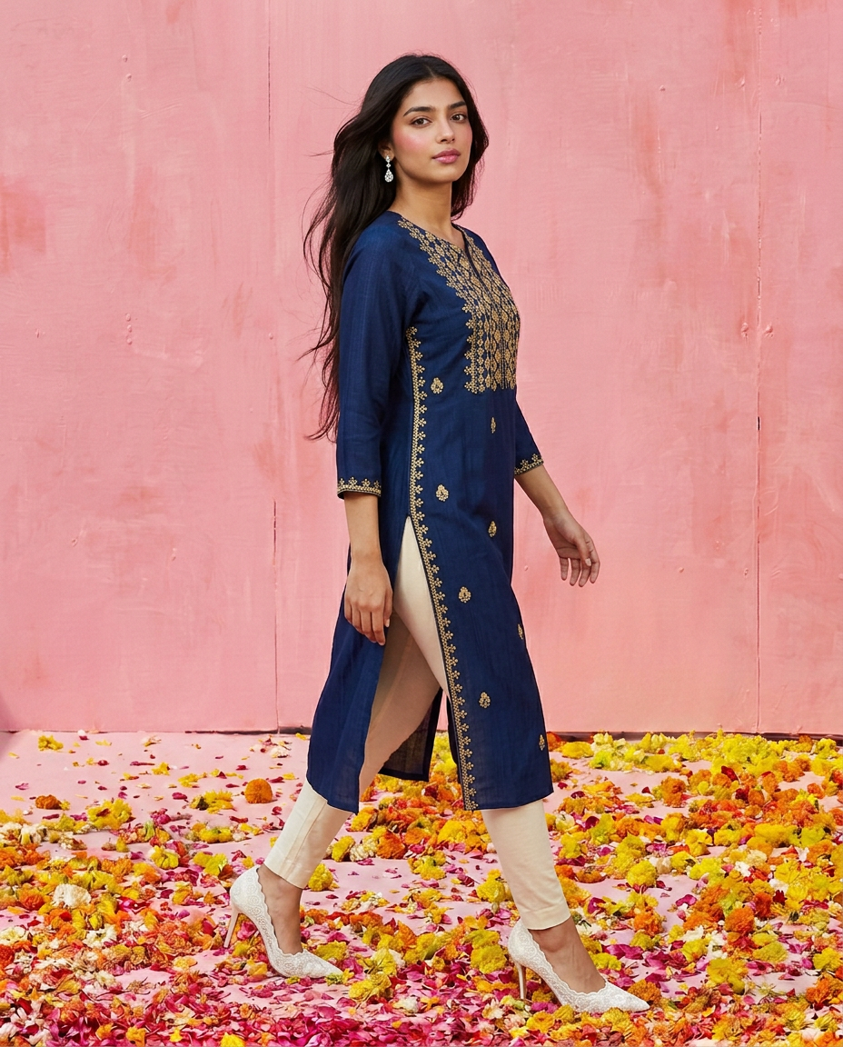 Navy Embroidered Viscose Blended 3/4 Sleeves Straight Cut Long Kurta