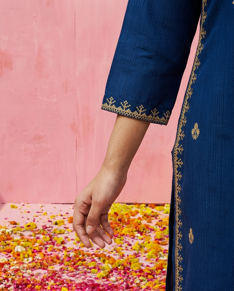 Navy Embroidered Viscose Blended 3/4 Sleeves Straight Cut Long Kurta