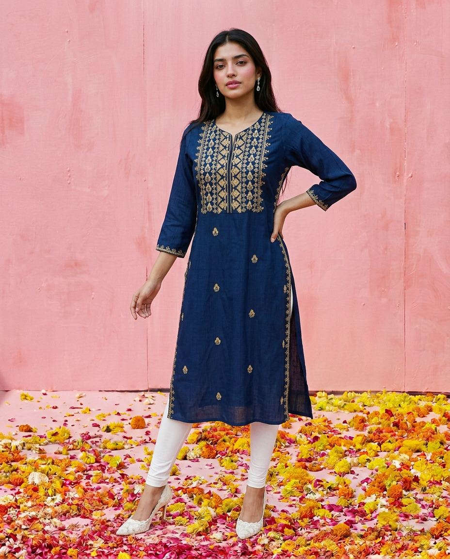 Navy Embroidered Viscose Blended 3/4 Sleeves Straight Cut Long Kurta