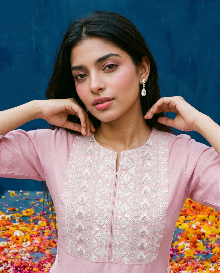 Pink Embroidered Viscose Blended 3/4 Sleeves Straight Cut Long Kurta