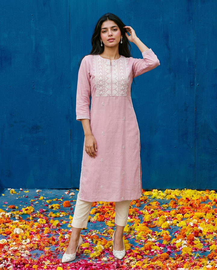 Pink Embroidered Viscose Blended 3/4 Sleeves Straight Cut Long Kurta