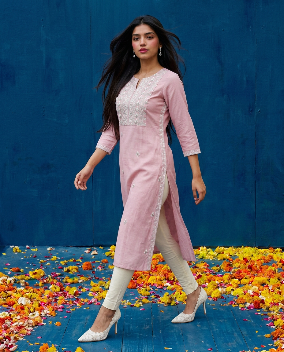 Pink Embroidered Viscose Blended 3/4 Sleeves Straight Cut Long Kurta