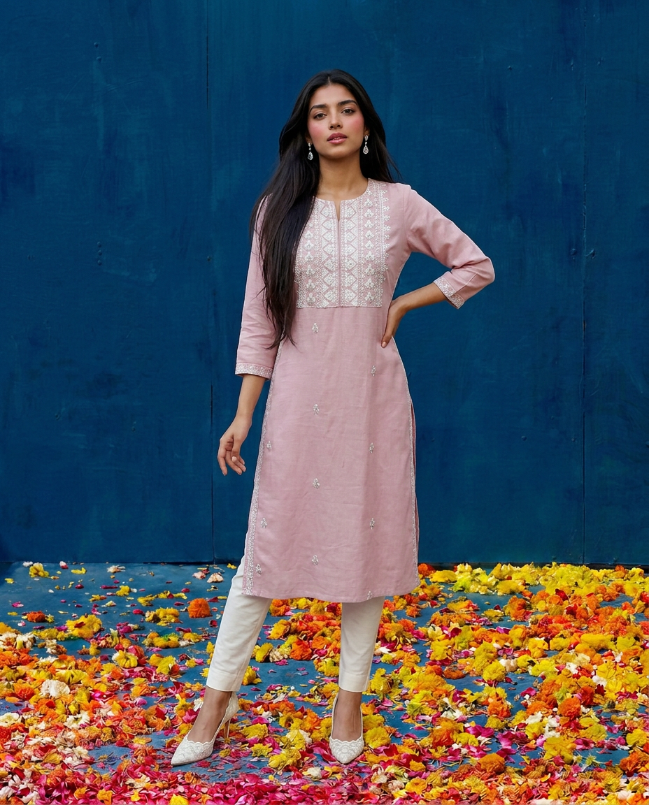 Pink Embroidered Viscose Blended 3/4 Sleeves Straight Cut Long Kurta