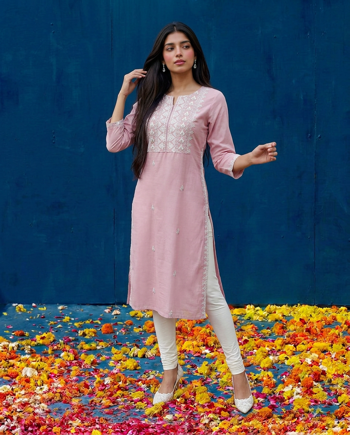 Pink Embroidered Viscose Blended 3/4 Sleeves Straight Cut Long Kurta