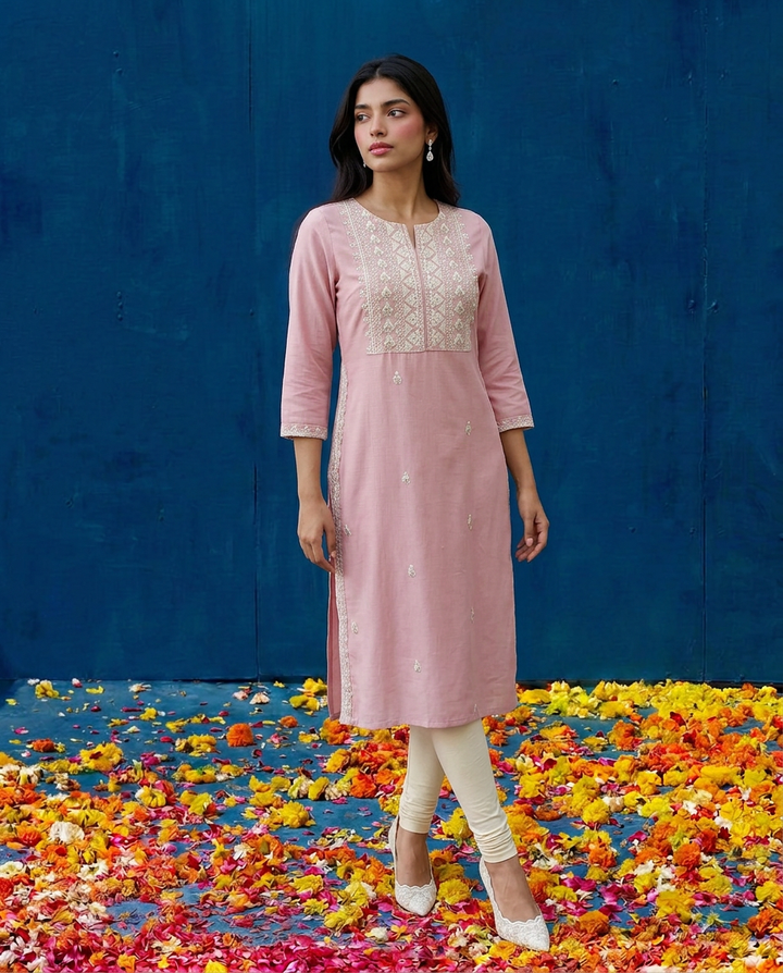 Pink Embroidered Viscose Blended 3/4 Sleeves Straight Cut Long Kurta