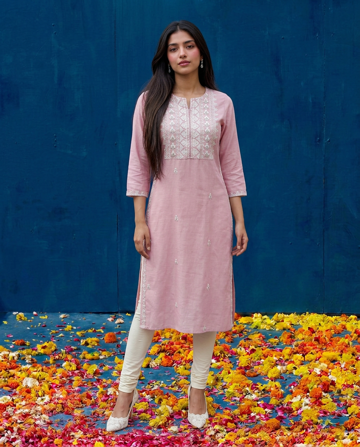 Pink Embroidered Viscose Blended 3/4 Sleeves Straight Cut Long Kurta