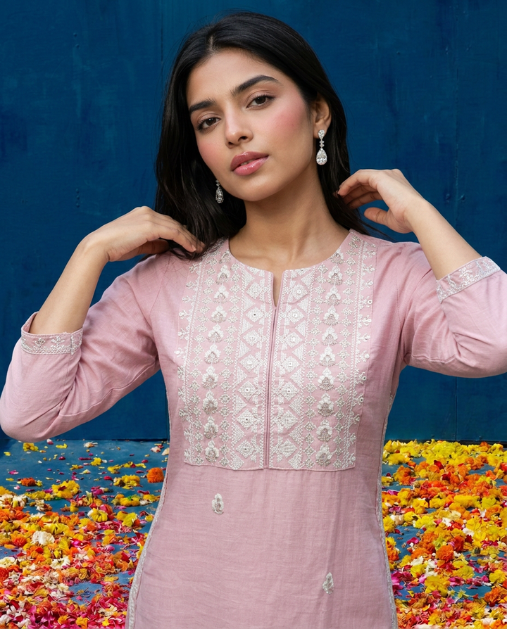 Pink Embroidered Viscose Blended 3/4 Sleeves Straight Cut Long Kurta