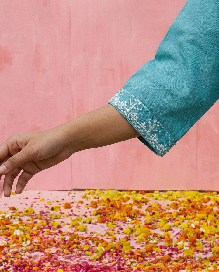 Sky Blue Embroidered Viscose Blended 3/4 Sleeves Straight Cut Long Kurta