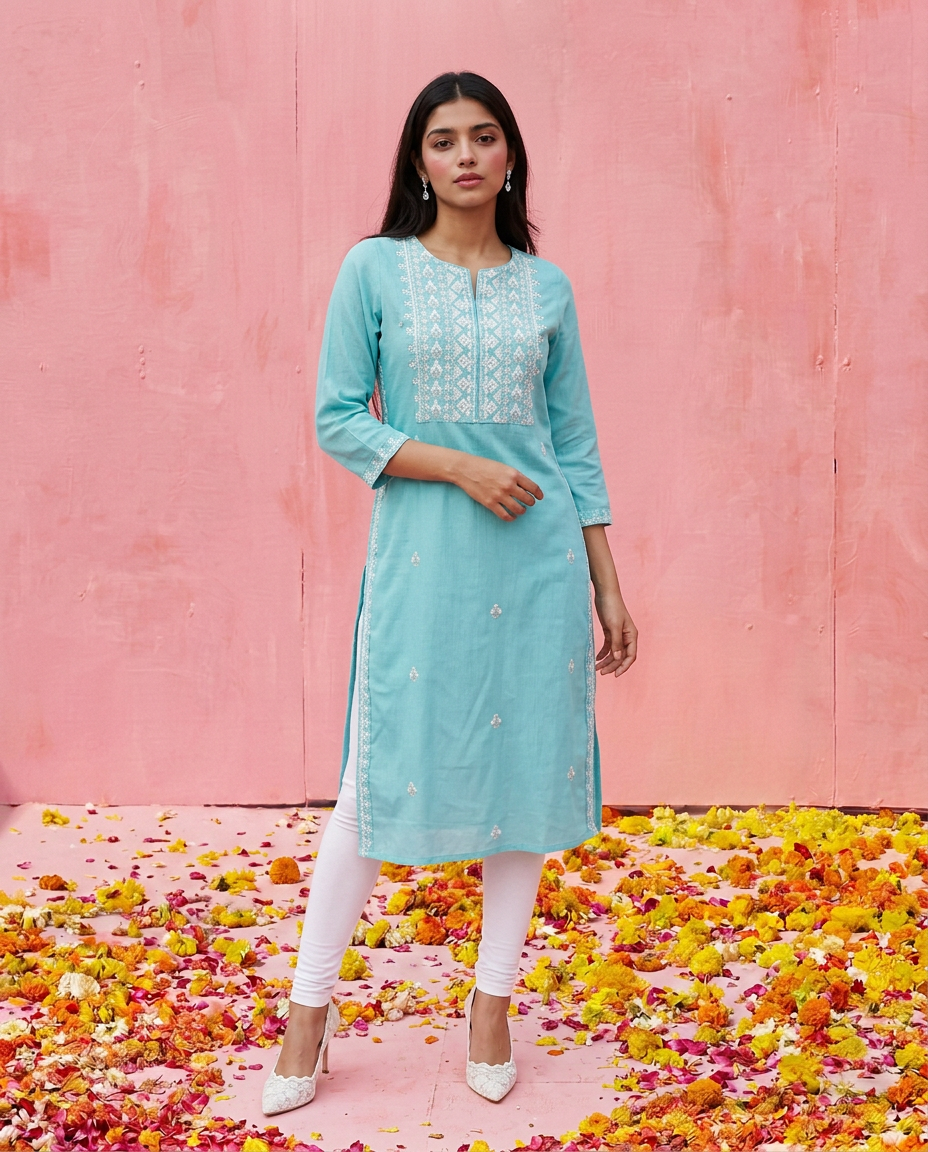 Sky Blue Embroidered Viscose Blended 3/4 Sleeves Straight Cut Long Kurta