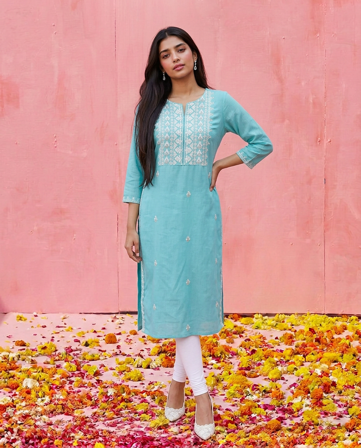 Sky Blue Embroidered Viscose Blended 3/4 Sleeves Straight Cut Long Kurta
