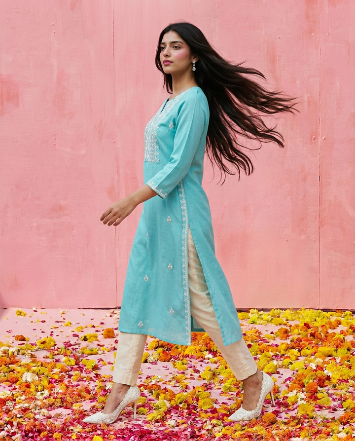 Sky Blue Embroidered Viscose Blended 3/4 Sleeves Straight Cut Long Kurta