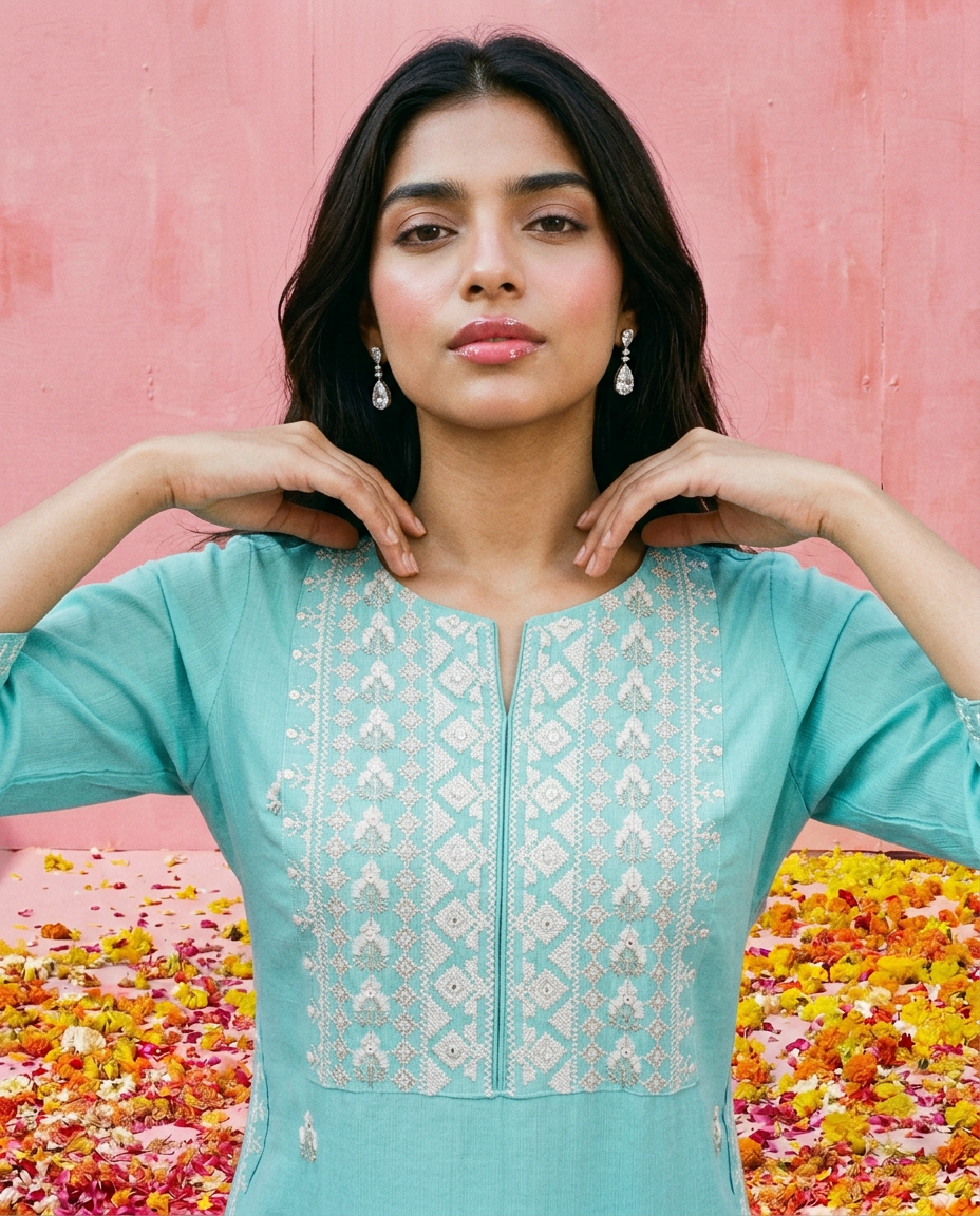 Sky Blue Embroidered Viscose Blended 3/4 Sleeves Straight Cut Long Kurta