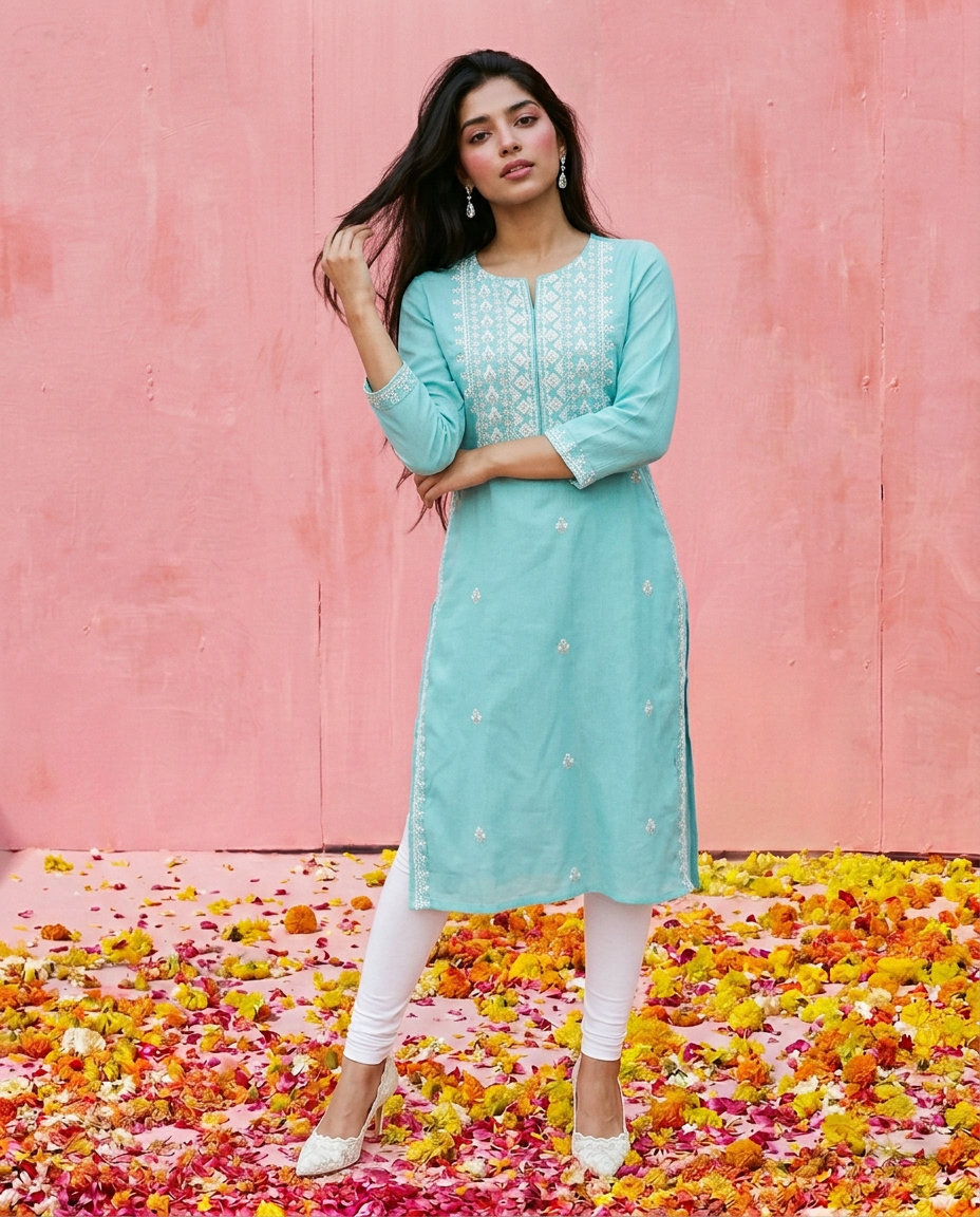 Sky Blue Embroidered Viscose Blended 3/4 Sleeves Straight Cut Long Kurta