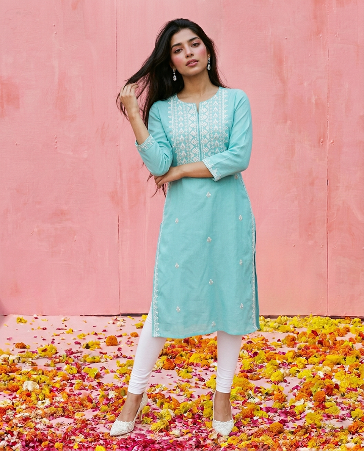 Sky Blue Embroidered Viscose Blended 3/4 Sleeves Straight Cut Long Kurta